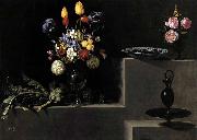 HAMEN, Juan van der Still Life with Flowers, Artichokes, Cherries and Glassware oil on canvas